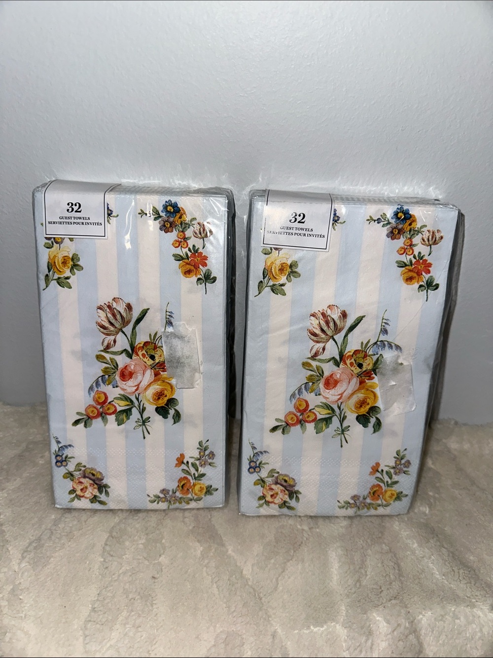 Punch Studio 32 x 2pk Guest Paper Towel Napkins White Blue Floral Stripe Print